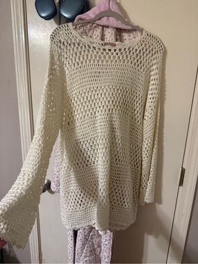 Show Me Your MuMu Cream Crochet Open-Knit Scoop Sweater